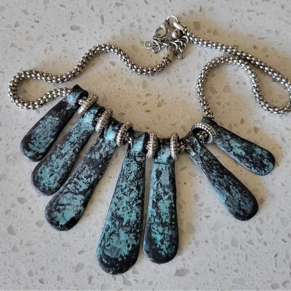Boho Statement Necklace – Textured Teal Fan Blades + Silver Bead Chain